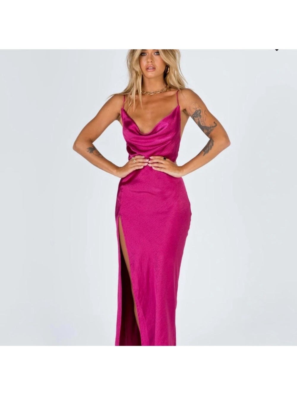 Lioness Magenta Walk The Line Satin Cowl High Slit Pink Maxi Midi xSmall